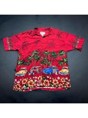 Vintage Y2K Big Dogs Hawaiian Shirt Medium Red Palm Tree Car Print AOP Oversized